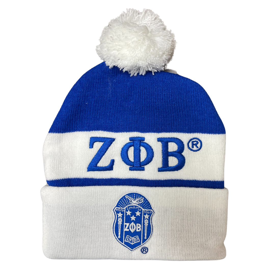 Zeta Phi Beta Blue Beanie design with logo‎ & rhinestones and white pompom Zeta Phi Beta Accessories for Women on Sale up to 90% Off  main image 2