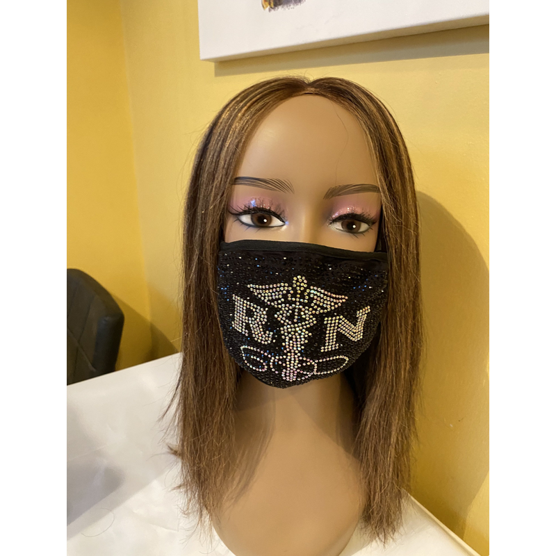 Nurse Caduceus with AB Crystals Bling Face Mask