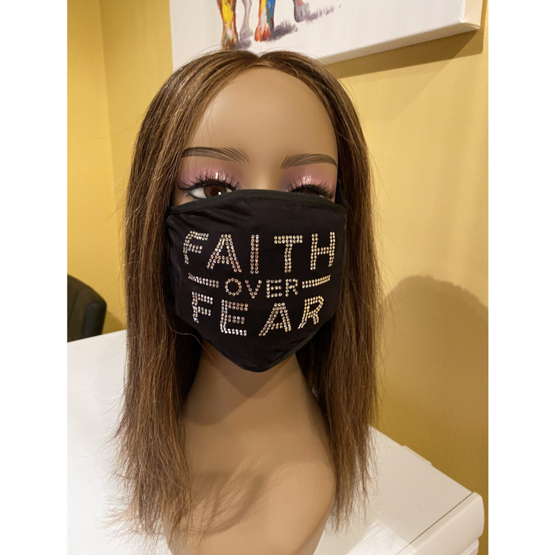 Christian Faith Over Fear Rhinestone Bling Face Mask Clear Crystal