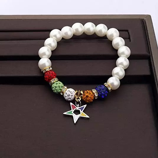 Eastern Star OES Beaded Bling Elastic Pearl Charm Bracelet
