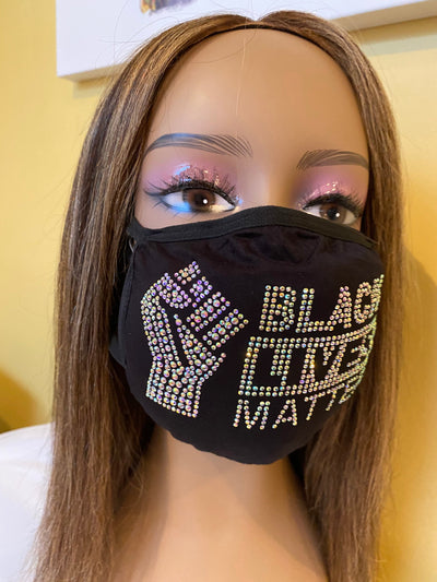 Black Lives Matter Mask with Fist AB Color Crystals Front Logo