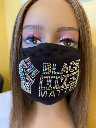Black Lives Matter Mask with Fist AB Color Crystals Front Logo