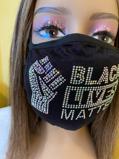 Black Lives Matter Mask with Fist AB Color Crystals Front Logo
