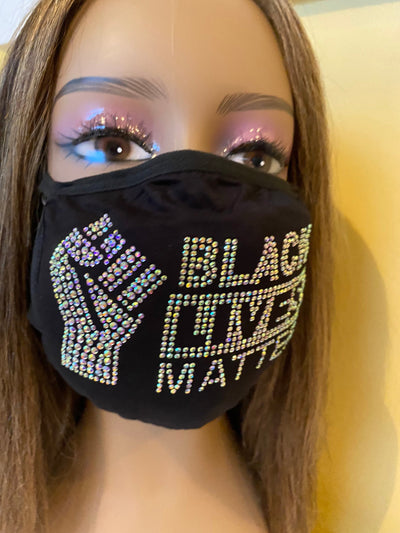 Black Lives Matter Mask with Fist AB Color Crystals Front Logo
