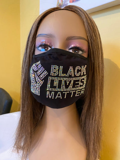 Black Lives Matter Mask with Fist AB Color Crystals Front Logo