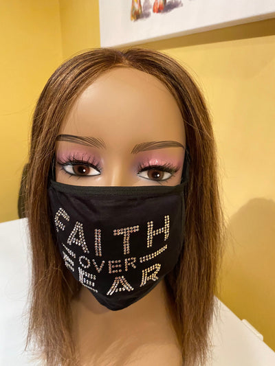 Christian Faith Over Fear Rhinestone Bling Face Mask Clear Crystal