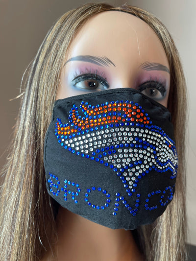 Denver Broncos Bling Rhinestone Face Mask Front Logo Blue Letters