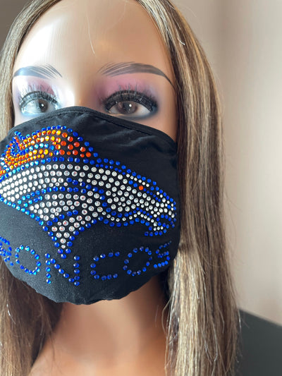 Denver Broncos Bling Rhinestone Face Mask Front Logo Blue Letters