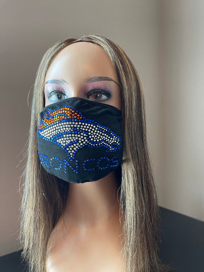 Denver Broncos Bling Rhinestone Face Mask Front Logo Blue Letters