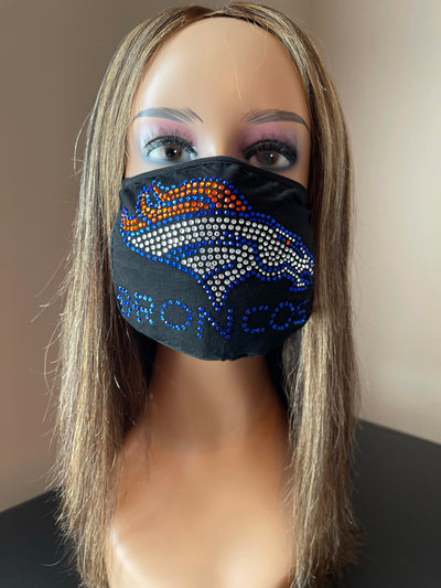 Denver Broncos Bling Rhinestone Face Mask Front Logo Blue Letters