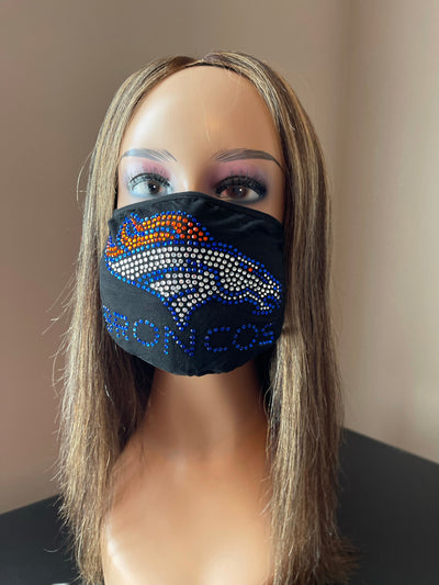 Denver Broncos Bling Rhinestone Face Mask Front Logo Blue Letters