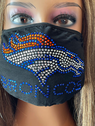 Denver Broncos Bling Rhinestone Face Mask Front Logo Blue Letters
