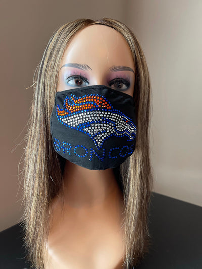 Denver Broncos Bling Rhinestone Face Mask Front Logo Blue Letters