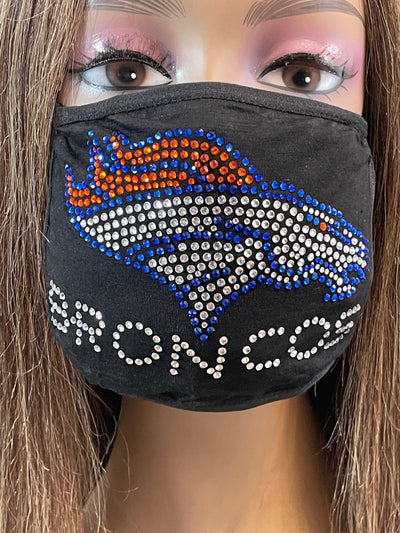 Denver Broncos Bling Rhinestone Face Mask Front Logo Clear Letters