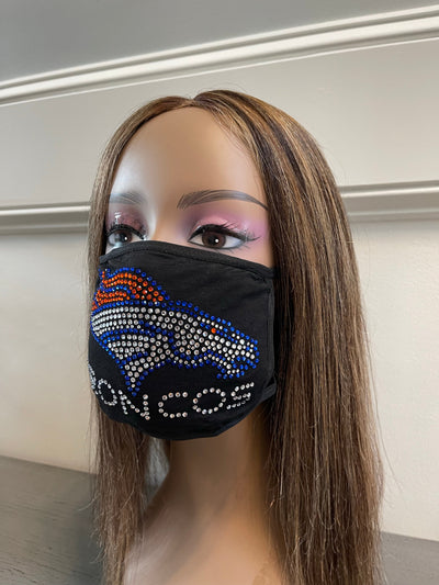 Denver Broncos Bling Rhinestone Face Mask Front Logo Clear Letters