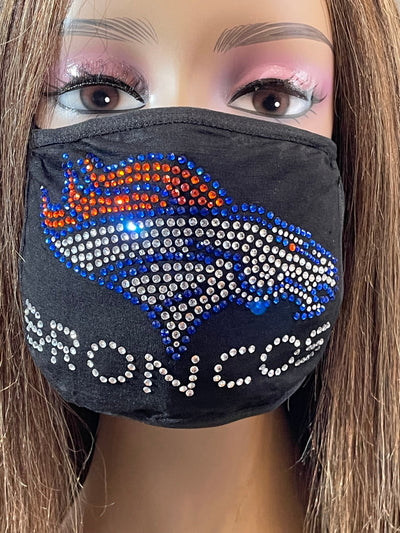 Denver Broncos Bling Rhinestone Face Mask Front Logo Clear Letters