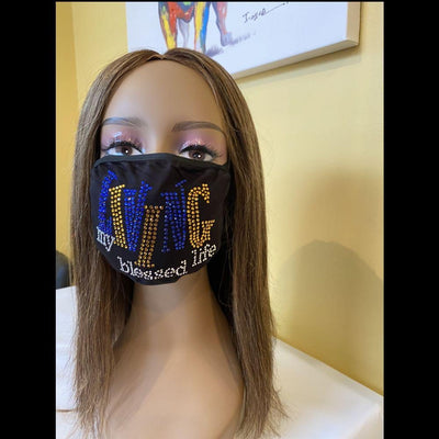 Living My Blessed Life Bling Face Mask Gold