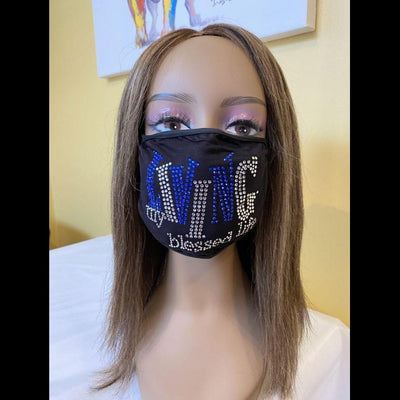 Living My Blessed Life Rhinestone Bling Face Mask Blue
