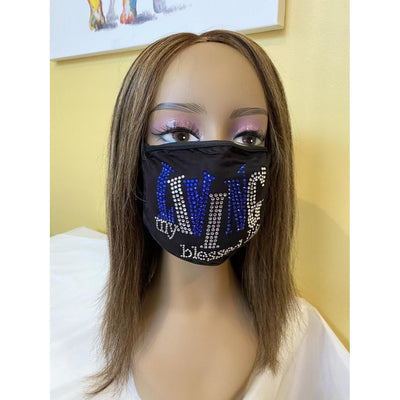 Living My Blessed Life Rhinestone Bling Face Mask Blue