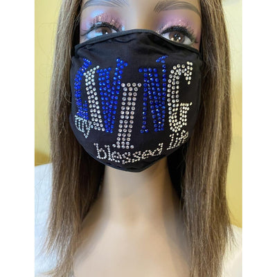 Living My Blessed Life Rhinestone Bling Face Mask Blue