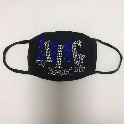 Living My Blessed Life Rhinestone Bling Face Mask Blue
