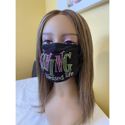 Living My Blessed Life Rhinestone Bling Face Mask Pink
