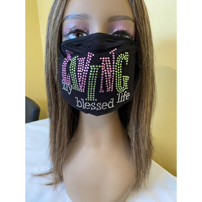 Living My Blessed Life Rhinestone Bling Face Mask Pink