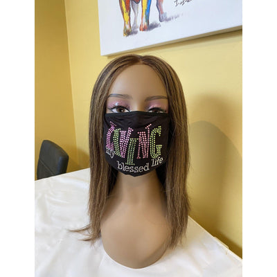 Living My Blessed Life Rhinestone Bling Face Mask Pink