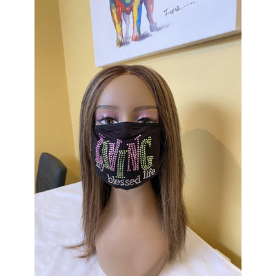Living My Blessed Life Rhinestone Bling Face Mask Pink