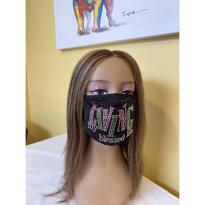 Living My Blessed Life Rhinestone Bling Face Mask Pink