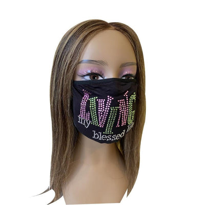 Living My Blessed Life Rhinestone Bling Face Mask Pink