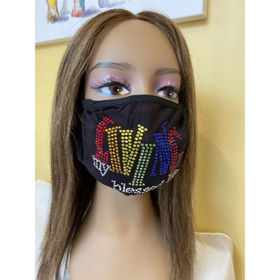 Living My Blessed Life Rhinestone Bling Face Mask Rainbow