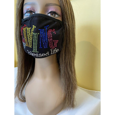 Living My Blessed Life Rhinestone Bling Face Mask Rainbow