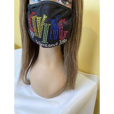 Living My Blessed Life Rhinestone Bling Face Mask Rainbow