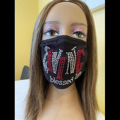 Living My Blessed Life Rhinestone Bling Face Mask Red