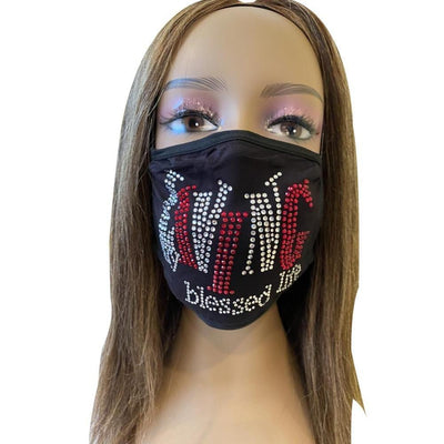 Living My Blessed Life Rhinestone Bling Face Mask Red