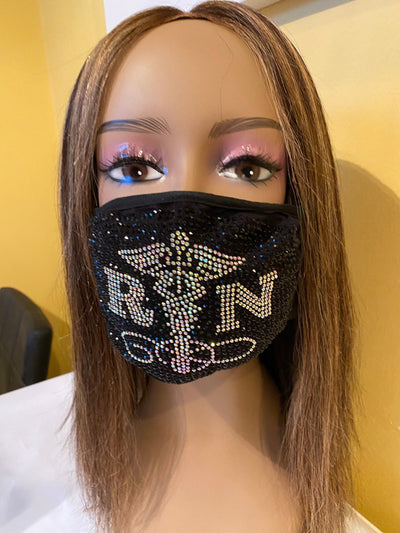 Nurse Caduceus with AB Crystals Bling Face Mask