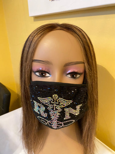 Nurse Caduceus with AB Crystals Bling Face Mask
