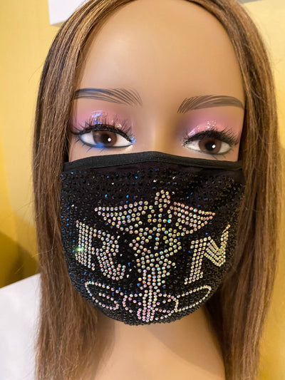 Nurse Caduceus with AB Crystals Bling Face Mask