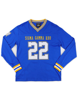Sigma Gamma Rho ΣΓΡ Long Sleeve Glitter Football Jersey Blue