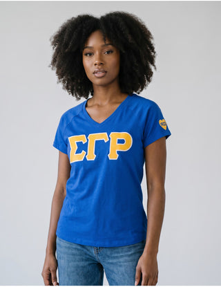 Sigma Gamma Rho V Neck Glitter Tee Blue