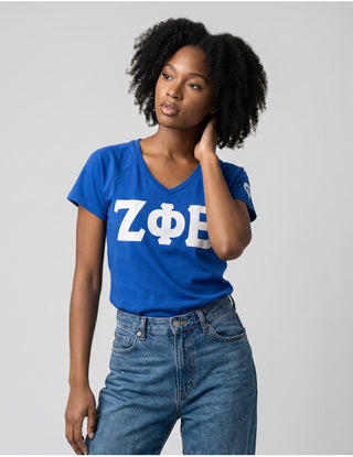 Zeta Phi Beta Glitter V Neck Tee Blue
