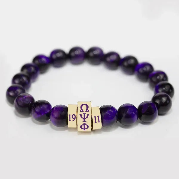 Omega Psi Phi Natural Stone Beaded Bracelet Purple