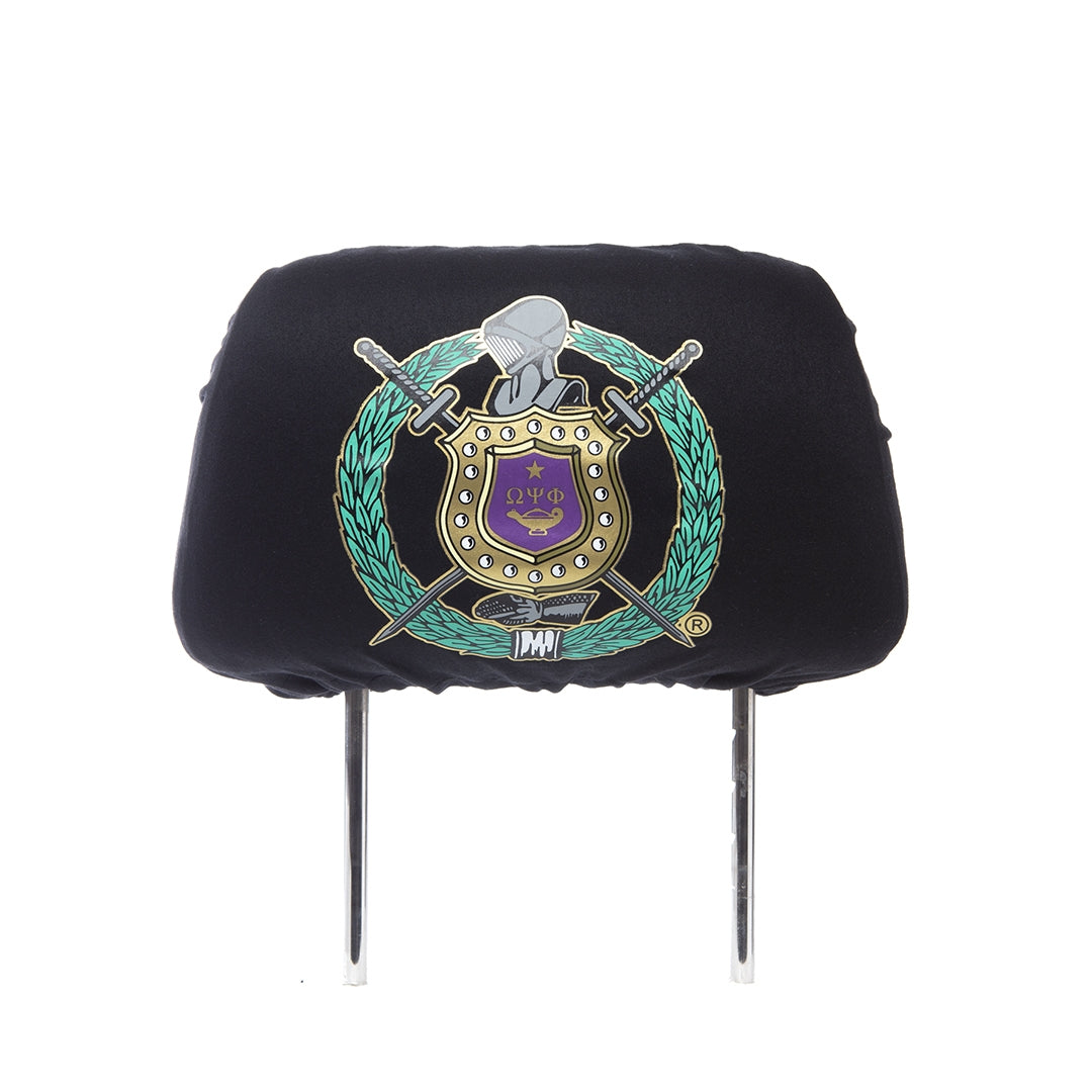 Set of 2 Omega Psi Phi ΩΨΦ Shield With Greek Letters Car Seat Headrest Cover Black Set of 2