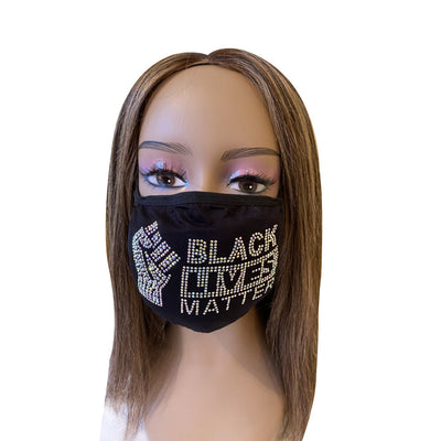 Black Lives Matter Mask with Fist AB Color Crystals Front Logo