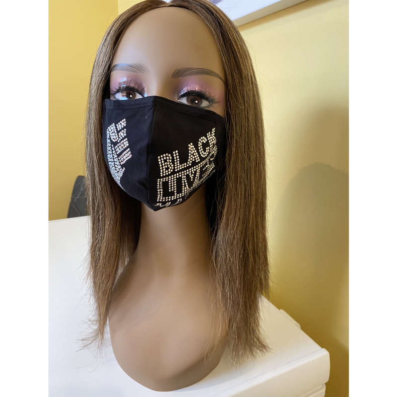 Black Lives Matter Mask with Fist Clear Crystal Adjustable Ear Loops
