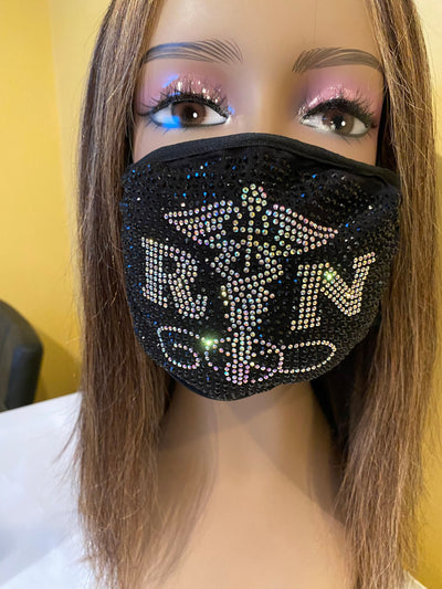 Nurse Caduceus with AB Crystals Bling Face Mask